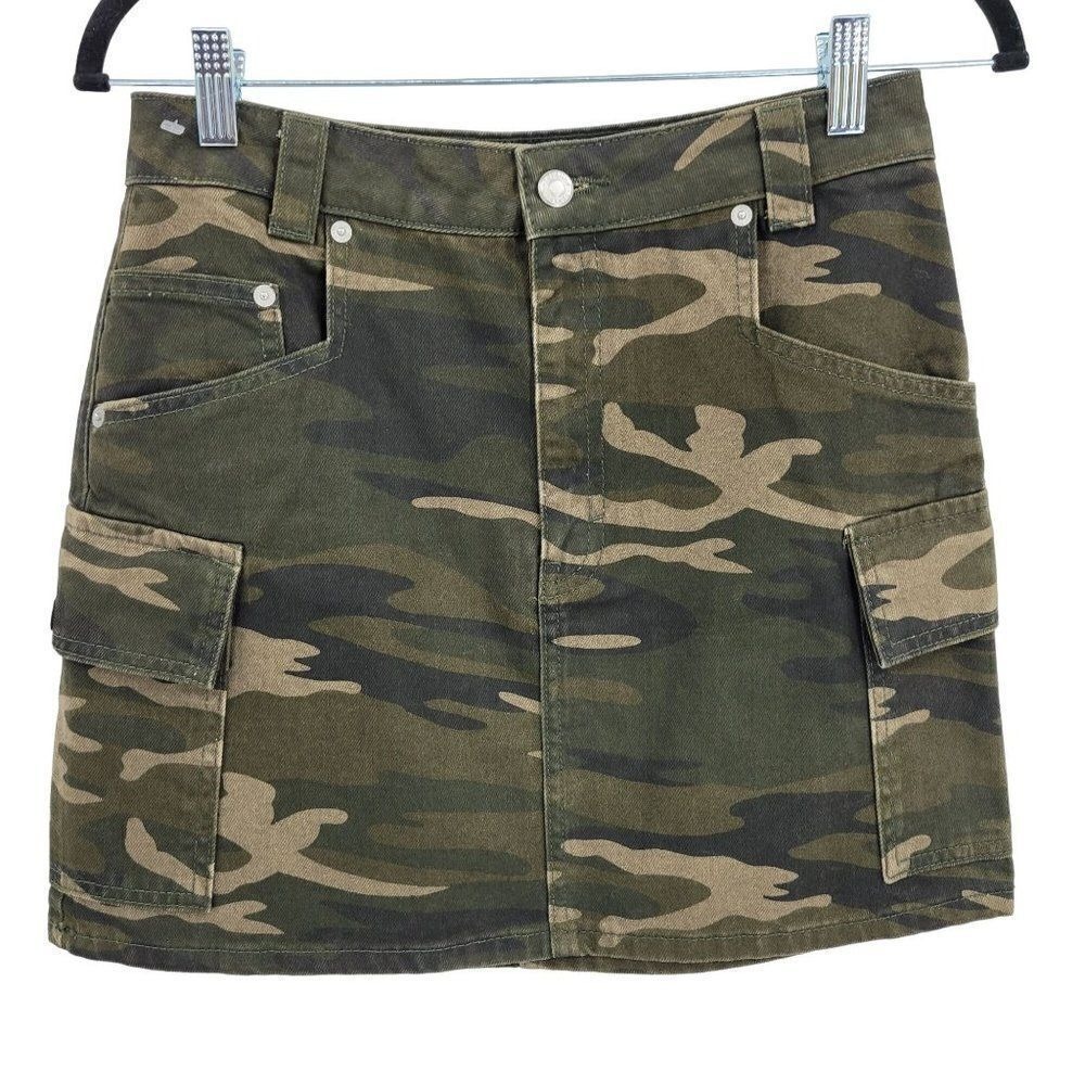 Top Shop Army Green Camo Mini Skirt Sz 6 Denim Cargo Military Streetwear Grunge - Picture 1 of 13